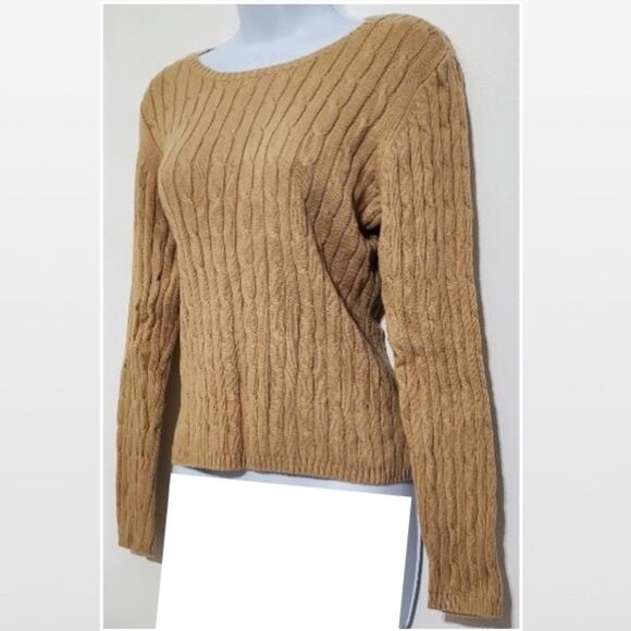 Petite Large Classic Ribbed Cable Knit Tan Sweater - Picture 6 of 14